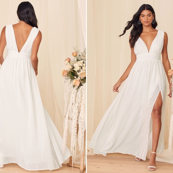 LULU's Bridal Flowy Romantic Sexy Beach Wedding Minimalistic Maxi Gown - Picture 1 of 5